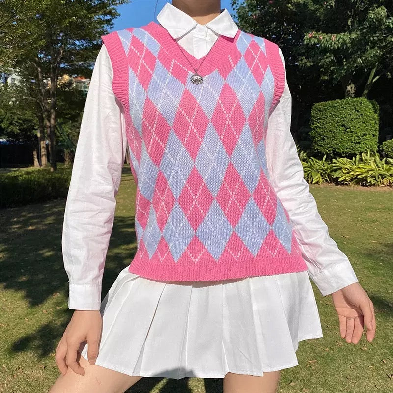 Freya Argyle Sweater Vest in Pink Multi – Polka Dots Boutique